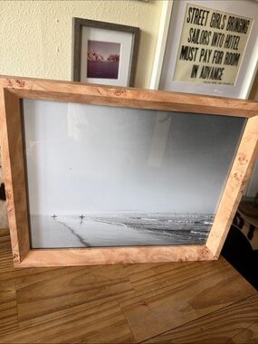 New natural burl Wood Frame Black & White Seascape Print surfer ocean 11x14 Art